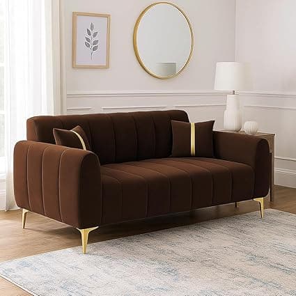 FURNY Harmony 2 Seater Velvet Fabric Sofa Set (Dark Brown) with Golden Finish Legs | Durable & Comfortable | Ideal for Living Room