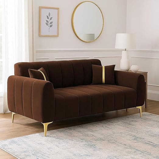 FURNY Harmony 2 Seater Velvet Fabric Sofa Set (Dark Brown) with Golden Finish Legs | Durable & Comfortable | Ideal for Living Room