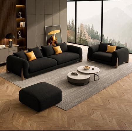 Modern Sofa Chesterfield Design with Stylish Wooden Legs Bouncy Teddy Fabric Off-White Finish Sofa for Living Room, Bedroom, Hallways (3+1+Ottoman, Black)