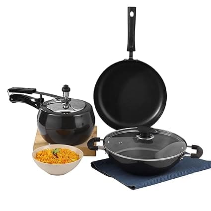Vinod Aluminium Trio Hard Anodised Cookware Set Of 3 | 3 Litre Kadai And 26 Cm Frypan With Common Lid, 3 Litre Pressure Cooker | 3.25 Mm Thick| Induction And Gas Base | 2 Year Warranty, Black