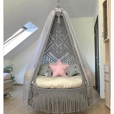 KAAHIRA Bohemian Macrame Hanging Swing Chair– Aesthetic Cotton Rope Hammock for Indoor & Outdoor – Patio, Balcony, Bedroom, Living Room, Garden–Kids, Adults & Pets – Boho Decor (Grey with Stars)