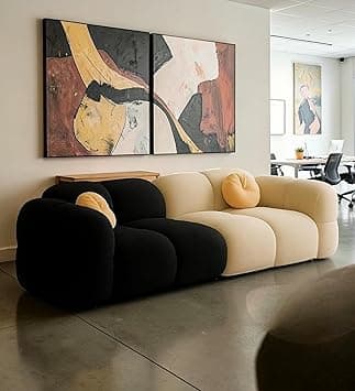 CRAFTCITY Pumpkin Style Wooden Sofa | Contemporary Wool Sofa with Swen Pillow Back for Living Room (Black & Beige, 3 Seater)