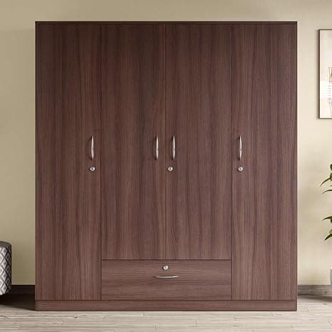 Interio by Godrej Wardrobe EWA 4-Door Engineered Wood Wardrobe for Clothes (Brown), 1-Year Warranty, 8 Shelves, 1 Drawer