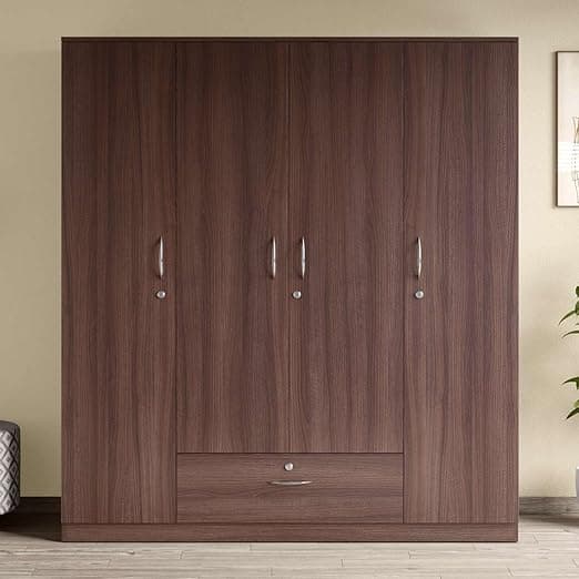 Interio by Godrej Wardrobe EWA 4-Door Engineered Wood Wardrobe for Clothes (Brown), 1-Year Warranty, 8 Shelves, 1 Drawer