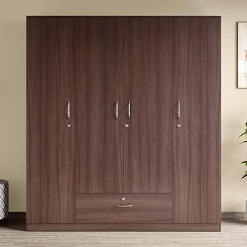 Interio by Godrej Wardrobe EWA 4-Door Engineered Wood Wardrobe for Clothes (Brown), 1-Year Warranty, 8 Shelves, 1 Drawer
