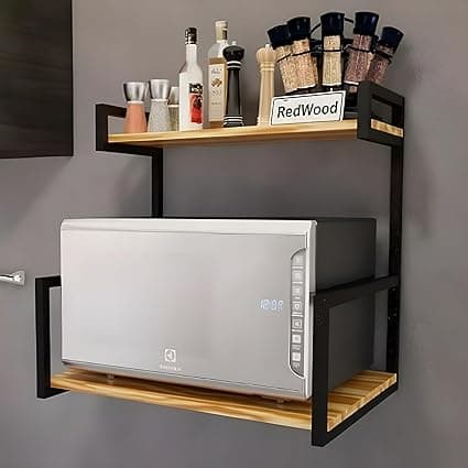 REDWOOD 2-Tier Solid Wood & Metal Microwave Oven Stand with Storage Shelves | Wall Mounted Kitchen Rack for Microwave, OTG & Air Fryer | Heavy Duty Wooden Kitchen Organiser | Natural Finish