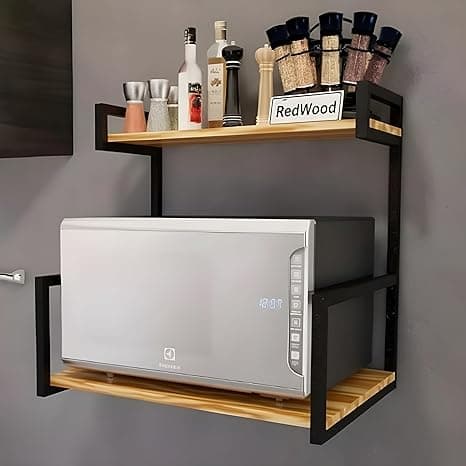 REDWOOD 2-Tier Solid Wood & Metal Microwave Oven Stand with Storage Shelves | Wall Mounted Kitchen Rack for Microwave, OTG & Air Fryer | Heavy Duty Wooden Kitchen Organiser | Natural Finish