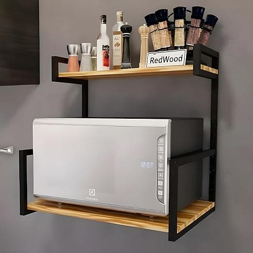 REDWOOD 2-Tier Solid Wood & Metal Microwave Oven Stand with Storage Shelves | Wall Mounted Kitchen Rack for Microwave, OTG & Air Fryer | Heavy Duty Wooden Kitchen Organiser | Natural Finish