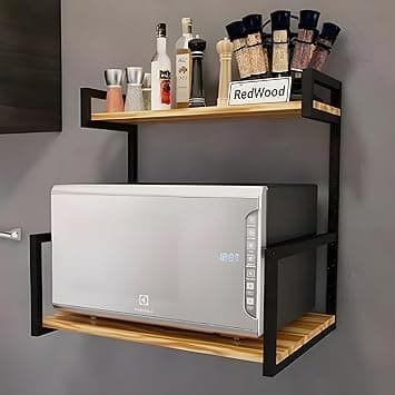 REDWOOD 2-Tier Solid Wood & Metal Microwave Oven Stand with Storage Shelves | Wall Mounted Kitchen Rack for Microwave, OTG & Air Fryer | Heavy Duty Wooden Kitchen Organiser | Natural Finish