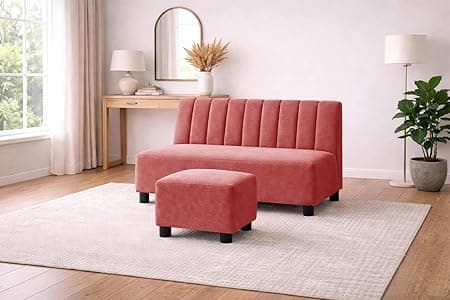 Rosebell 2 Seater Sofa Set with Ottoman, Plush Upholstered Couch with Matching Footrest, Modern Comfortable Seating for Living Room Bedroom Home Furniture - Rose Pink Color