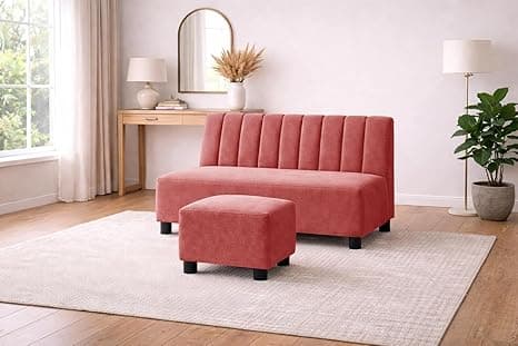 Rosebell 2 Seater Sofa Set with Ottoman, Plush Upholstered Couch with Matching Footrest, Modern Comfortable Seating for Living Room Bedroom Home Furniture - Rose Pink Color