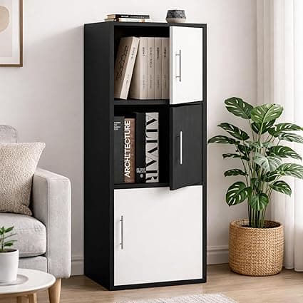 Callas Wooden Book Rack | Multi-Compartment Storage Cabinet | Space-Saving Vertical Bookshelf with Doors | Durable & Sturdy Organizer for Home & Office (Black, 3 Tier)