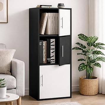 Callas Wooden Book Rack | Multi-Compartment Storage Cabinet | Space-Saving Vertical Bookshelf with Doors | Durable & Sturdy Organizer for Home & Office (Black, 3 Tier)