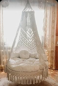 KAAHIRA Bohemian Macrame Hanging Swing Chair– Aesthetic Cotton Rope Hammock for Indoor & Outdoor – Patio, Balcony, Bedroom, Living Room, Garden–Kids, Adults & Pets – Boho Decor (Off White-2)