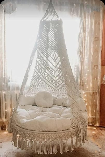 KAAHIRA Bohemian Macrame Hanging Swing Chair– Aesthetic Cotton Rope Hammock for Indoor & Outdoor – Patio, Balcony, Bedroom, Living Room, Garden–Kids, Adults & Pets – Boho Decor (Off White-2)