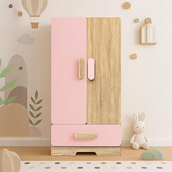 Alex Daisy Romania Kids 2 Door Wardrobe with Shoe Drawer for 3-12 Years| Non-Toxic Safe Material | Soft Coated Premium Finish | Engineered Wood Kids Bedroom Storage Cupboard (Pink, with Drawer)