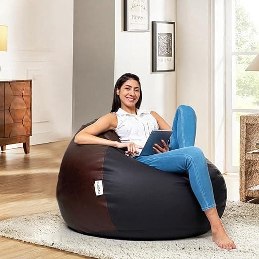 Amazon Brand - Solimo Premium Faux Leather Bean Bag, Filled with Beans | Capacity: Upto 6 Ft Height, 120 KG Weight | 3XL | Black and Brown