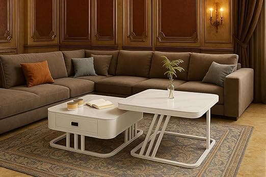 Two Square Stacking Nesting Coffee Tables with Metal Frames, Wooden Tops, and Handcrafted Drawers Make up This Contemporary Centre Couch Table for Living Rooms bedrooms, & Apartments (Wht)