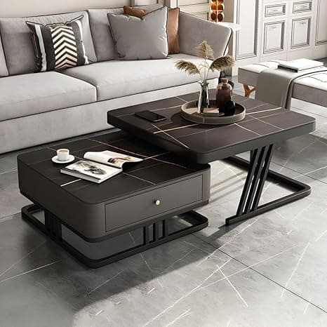 Two Square Stacking Nesting Coffee Tables with Metal Frames, Wooden Tops, and Handcrafted Drawers Contemporary Centre Couch Table for Living Rooms Bedrooms, & Apartments (Black)