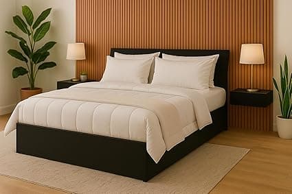 MATTERHORN Engineered Wood Bed in Almond Beige – King Size Double Bed with Box Storage(L2079 x W1875 x H300 mm) | Platform Bed | Modern Wooden Bed for Bedroom, Durable & Stylish Design (Ebony Black)