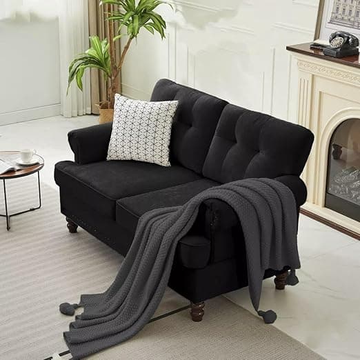 FURNART FURNITURE & INTERIOR Aldro Sofa Set Button Tufted Design | Washable Velvet Fabric Upholstered Couch with Rolled Arms | Living Room Furniture (Black, 2 Seater)