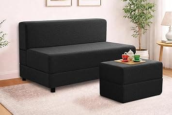 Leg Sofa Cum Bed with Ottoman | Jute Fabric | Multipurpose Folding Two Seater Sofa Bed 4x6 Ft for Living Room | Space Saving Furniture | Modern Design - Black Color