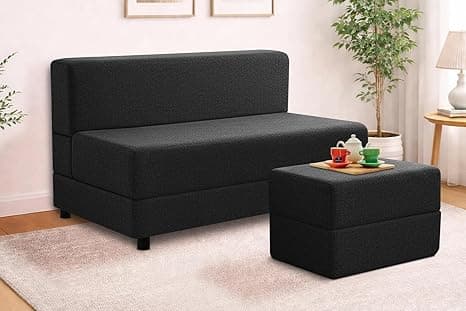 Leg Sofa Cum Bed with Ottoman | Jute Fabric | Multipurpose Folding Two Seater Sofa Bed 4x6 Ft for Living Room | Space Saving Furniture | Modern Design - Black Color