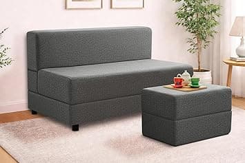 Leg Sofa Cum Bed with Ottoman | Jute Fabric | Multipurpose Folding Two Seater Sofa Bed 4x6 Ft for Living Room | Space Saving Furniture | - Grey