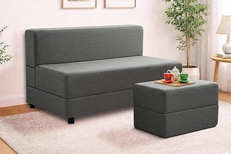 Leg Sofa Cum Bed with Ottoman | Jute Fabric | Multipurpose Folding Two Seater Sofa Bed 4x6 Ft for Living Room | Space Saving Furniture | - Grey
