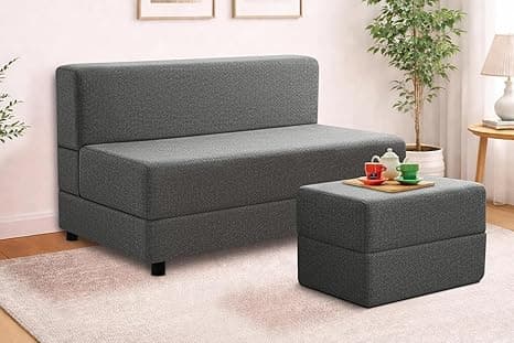 Leg Sofa Cum Bed with Ottoman | Jute Fabric | Multipurpose Folding Two Seater Sofa Bed 4x6 Ft for Living Room | Space Saving Furniture | - Grey