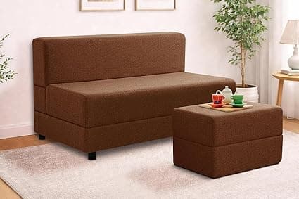Leg Sofa Cum Bed with Ottoman | Jute Fabric | Multipurpose Folding Two Seater Sofa Bed 4x6 Ft for Living Room | Space Saving Furniture | - Brown Color