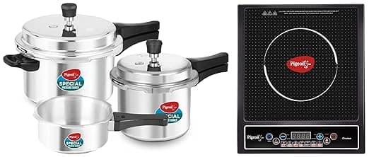 Pigeon Aluminium By Stovekraft Pressure Cooker Combo With Outer Lid Gas Stove Compatible 2, 3, 5 Litre Capacity For Healthy Cooking (Silver) & By Stovekraft Cruise 1800 Watt Induction Cooktop (Black)