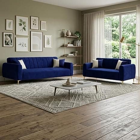 Habibi Rich Velvet Suede 3+2 Seater Sofa Set | Spacious Soft Touch Comfort Seating | 5 Person Seating | Modern Living Room Sofa Set (Dark Blue)