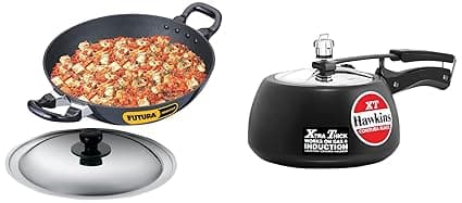 Hawkins Contura Black Xt Induction Compatible Aluminium Inner Lid Pressure Cooker, 3 Litre & 2.5 Litre Deep Fry Pan, Non Stick Kadai With Stainless Steel Lid, Round Bottom Kadhai, 3 Liter