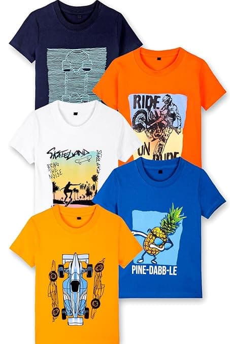 T2F Boys Cotton Regular fit T-Shirts Pack of 5 |Soft Cotton Breathable Fabric | Half Sleeve Round Neck | Casual Wear Combo | Kids Clothing
