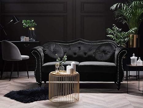 Velvet Couch for Modern & Fahionalable Chesterfield Sofa 2 Seater Couches Sleeper Sofa for Living Room, Dining Room, Bedroom, Office, and Hallway. (Black-2)