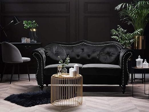 Velvet Couch for Modern & Fahionalable Chesterfield Sofa 2 Seater Couches Sleeper Sofa for Living Room, Dining Room, Bedroom, Office, and Hallway. (Black-2)