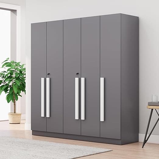 Bniture 5 Door Wooden Wardrobe for Bedroom with Lockable Door & 2 Hanging Space | Engineered Wood Almirah for Clothes | Wardrobe for Storage Cupboard with 8 Shelves (Slate Grey)