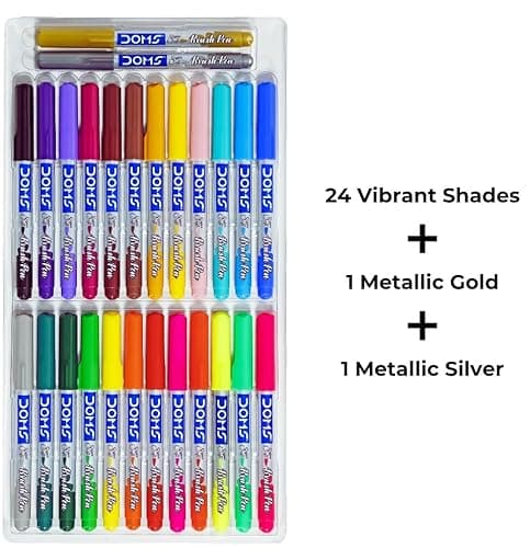 DOMS Brush Pen Box Pack | Flexible & Soft Tip That Gives Water Color Effect | Includes One Silver & Gold Shade Inside | Lightweight Brush Pens For Kids | Set Of 26 Shades 5