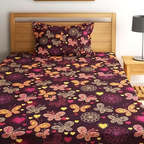 Fashion String Microfibre 144TC Maroon Butterfly & Heart Print Single Bedsheet with 1 Pillow Cover 2