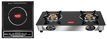 Pigeon By Stovekraft Favourite Manual 2-Burner Glass Top Gas Stove, Black + Cruise 1800-Watt Induction Cooktop (Black,Stainless Steel )