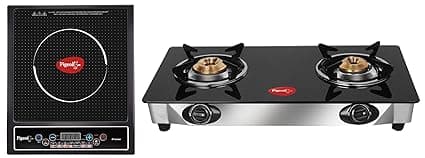 Pigeon By Stovekraft Favourite Manual 2-Burner Glass Top Gas Stove, Black + Cruise 1800-Watt Induction Cooktop (Black,Stainless Steel )