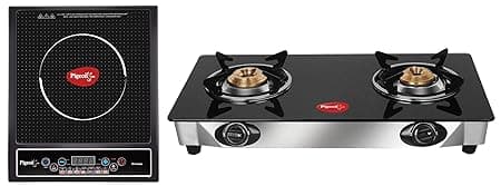 Pigeon By Stovekraft Favourite Manual 2-Burner Glass Top Gas Stove, Black + Cruise 1800-Watt Induction Cooktop (Black,Stainless Steel )