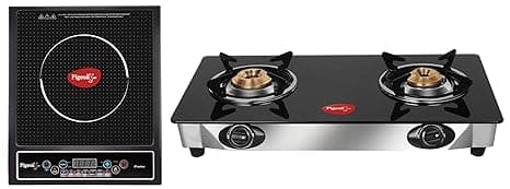 Pigeon By Stovekraft Favourite Manual 2-Burner Glass Top Gas Stove, Black + Cruise 1800-Watt Induction Cooktop (Black,Stainless Steel )