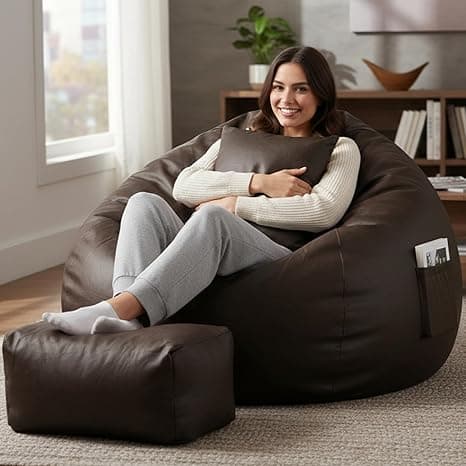 Luxury 5XL Jumbo Bean Bag with Footrest & Cushion | Premium Leatherette | High-Density Beans Filled | Heavy Duty Double Stitch | 6 Months Warranty Color- (Navy Blue) (Dark Brown)