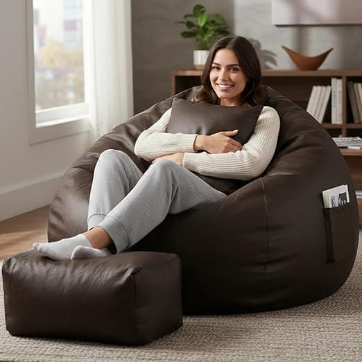 Luxury 5XL Jumbo Bean Bag with Footrest & Cushion | Premium Leatherette | High-Density Beans Filled | Heavy Duty Double Stitch | 6 Months Warranty Color- (Navy Blue) (Dark Brown)