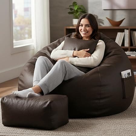 Luxury 5XL Jumbo Bean Bag with Footrest & Cushion | Premium Leatherette | High-Density Beans Filled | Heavy Duty Double Stitch | 6 Months Warranty Color- (Navy Blue) (Dark Brown)
