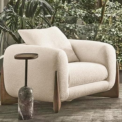 Modern Sofa Chesterfield Design with Stylish Wooden Legs Bouncy Teddy Fabric Off-White Finish Sofa for Living Room, Bedroom, Hallways (1 Seater)
