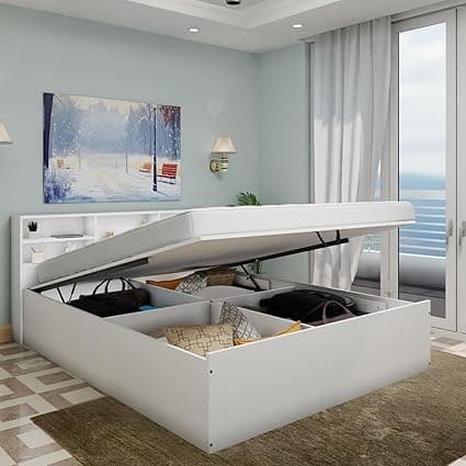 VIKI Hydraulic Shelf King Size Bed with Storage (70x80) | Engineered Wood Hydraulic Lift Bed Frame | Wooden Storage Cot for Bedroom | Frosty White | Free Assembly | 1 Year Warranty