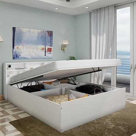 VIKI Hydraulic Shelf King Size Bed with Storage (70x80) | Engineered Wood Hydraulic Lift Bed Frame | Wooden Storage Cot for Bedroom | Frosty White | Free Assembly | 1 Year Warranty
